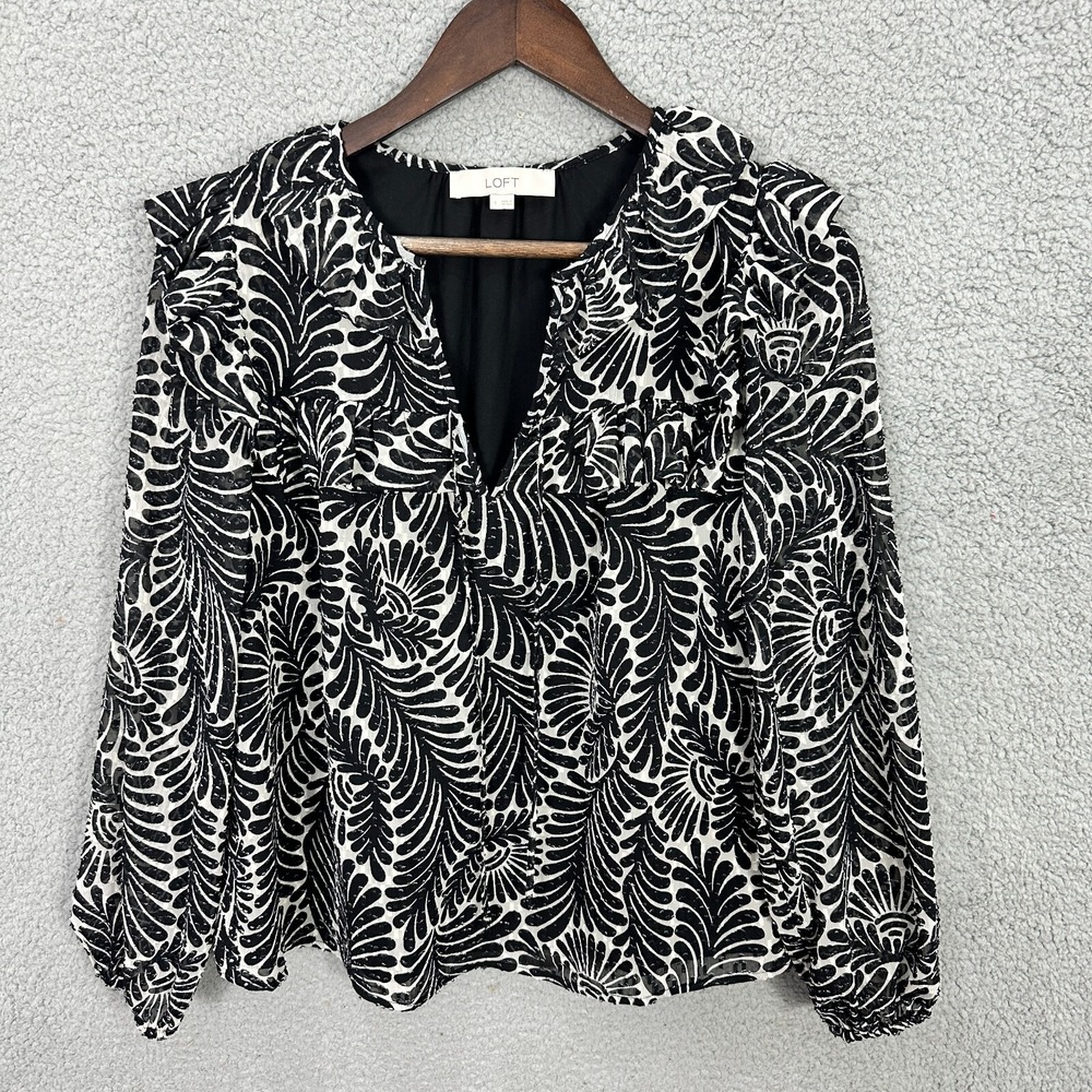 LOFT Long Sleeve Top Womens‎ Small Black Geometric Print Ruffle Dark Romantic